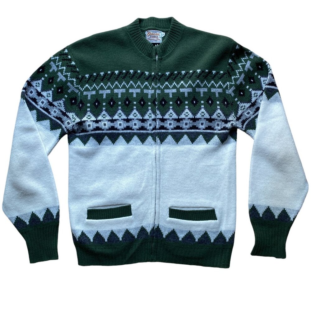 Vintage Orlon Campus Fair Isle Zip Cardigan Grandpa Sweater Kurt Cobain Grunge-M